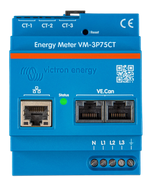Front view of blue Victron three-phase energy meter showing communication ports and terminals