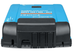 Black Victron WireBox-XL MC4 protective cable cover attached to a blue SmartSolar MPPT charge controller