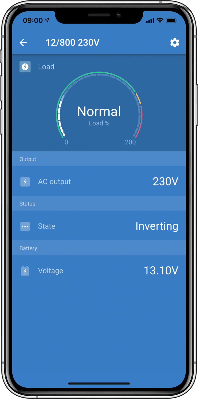 Smartphone interface of the VictronConnect app showing real-time inverter status