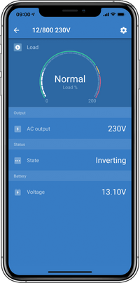 Smartphone interface of the VictronConnect app showing real-time inverter status