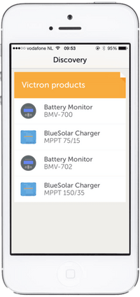 Device discovery screen on the VictronConnect app listing multiple connected battery monitors and solar chargers