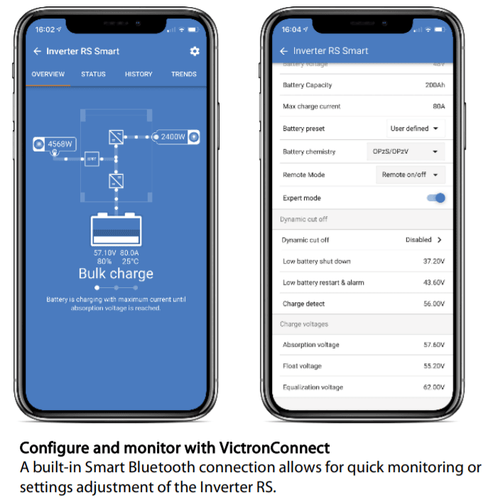 VictronConnect mobile app interface displaying real-time system status and battery charge settings