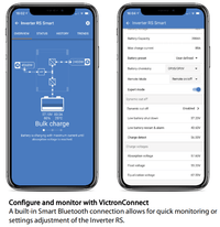 VictronConnect mobile app interface displaying real-time system status and battery charge settings