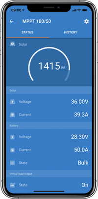 Smartphone displaying real-time solar and battery monitoring via the VictronConnect app