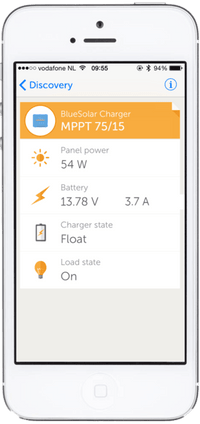 VictronConnect app interface on a smartphone showing real-time solar charger data and battery status