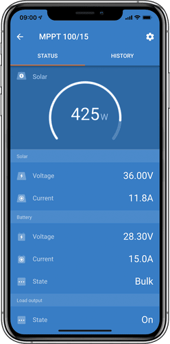 Smartphone screen displaying VictronConnect real-time solar yield and battery status