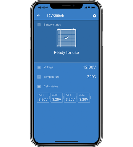 VictronConnect smartphone app interface showing real-time battery voltage, temperature and cell status