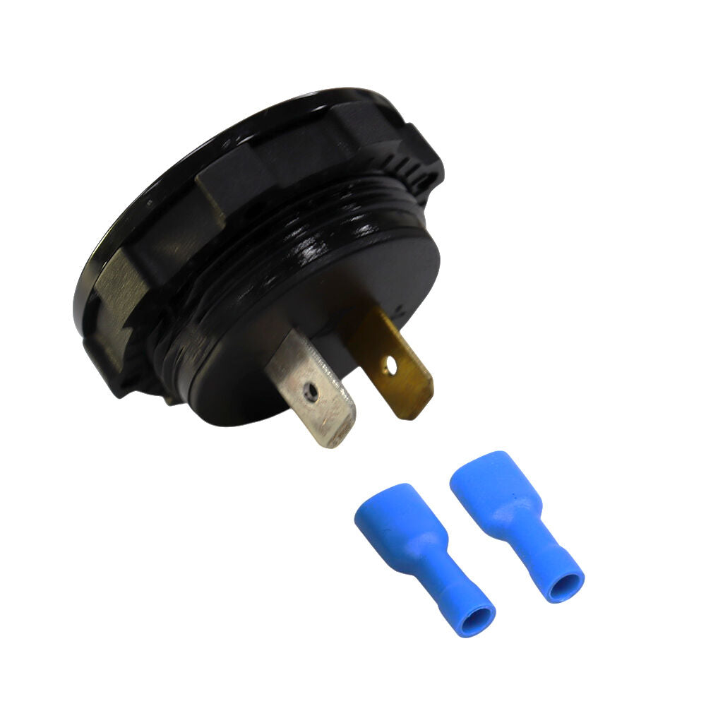 Side view showing threaded body, locking nut, terminals and two blue insulated connectors