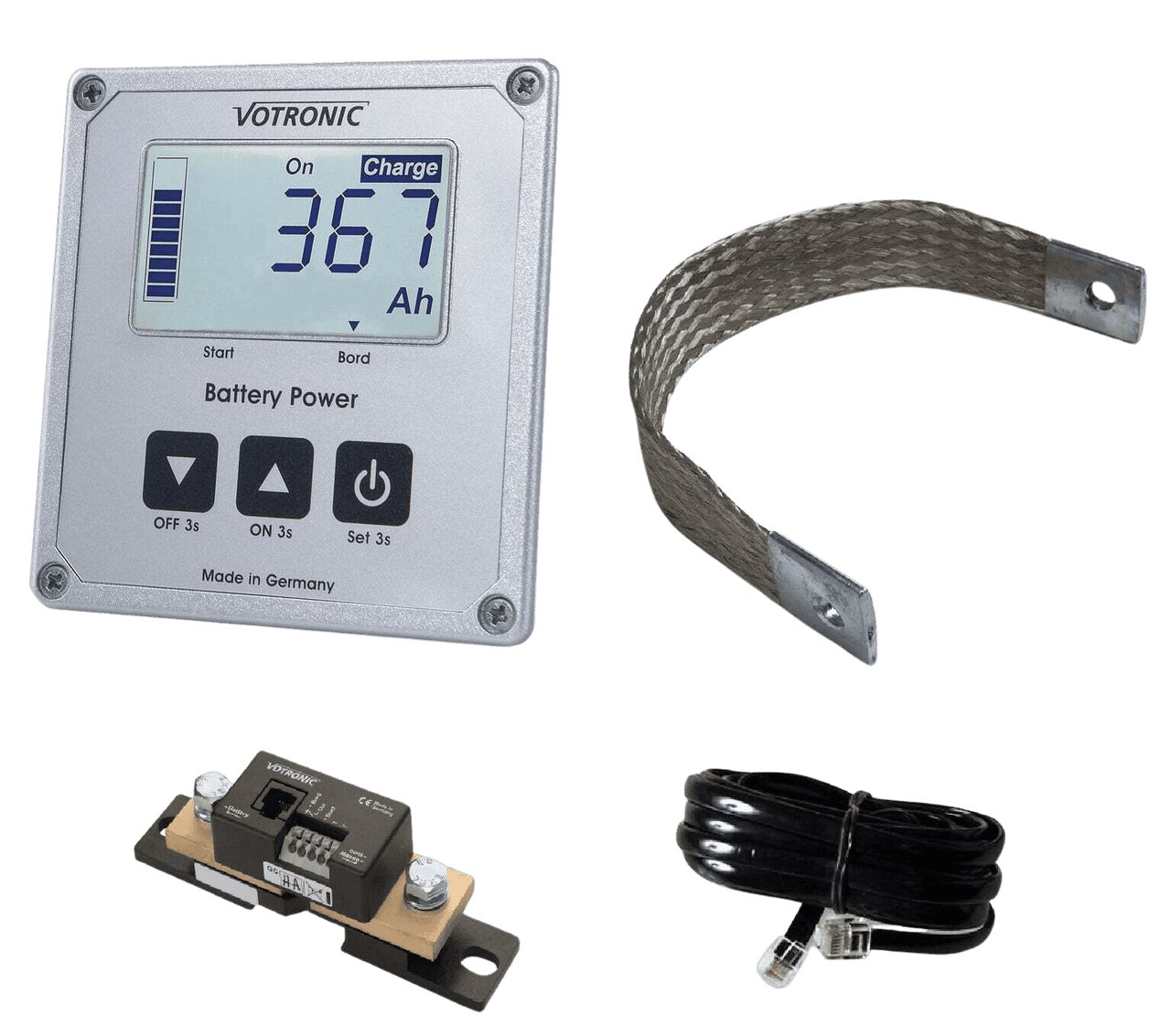 Votronic 200A battery monitor kit including LCD display, smart shunt, braided ground strap and cable