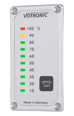 Vertical Votronic black water tank level display featuring 10 LED indicator segments from 10 to 100 percent