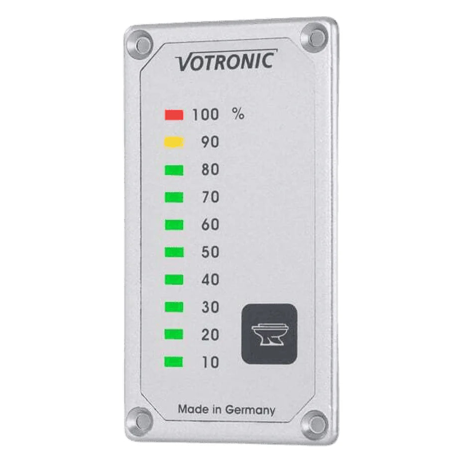 Vertical Votronic black water tank level display featuring 10 LED indicator segments from 10 to 100 percent