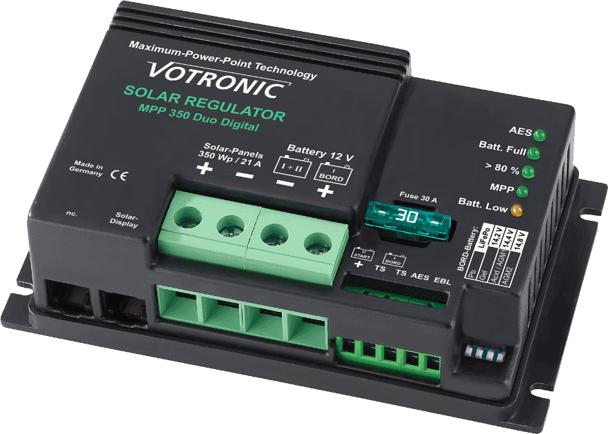 Votronic MPPT 350 Duo solar regulator showing connection terminals, fuse and status indicator lights