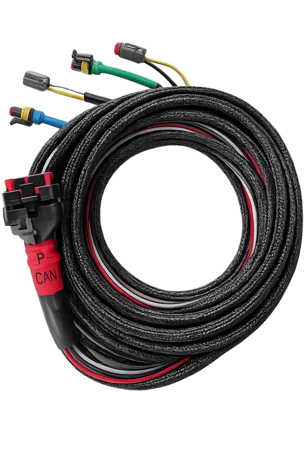 Coiled black Wakespeed WS500 wiring harness with P-CAN connector and multiple sensor plugs