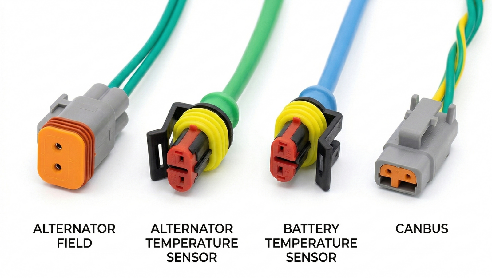 Close-up of four labelled harness connectors for alternator field, temperature sensors, and CANbus