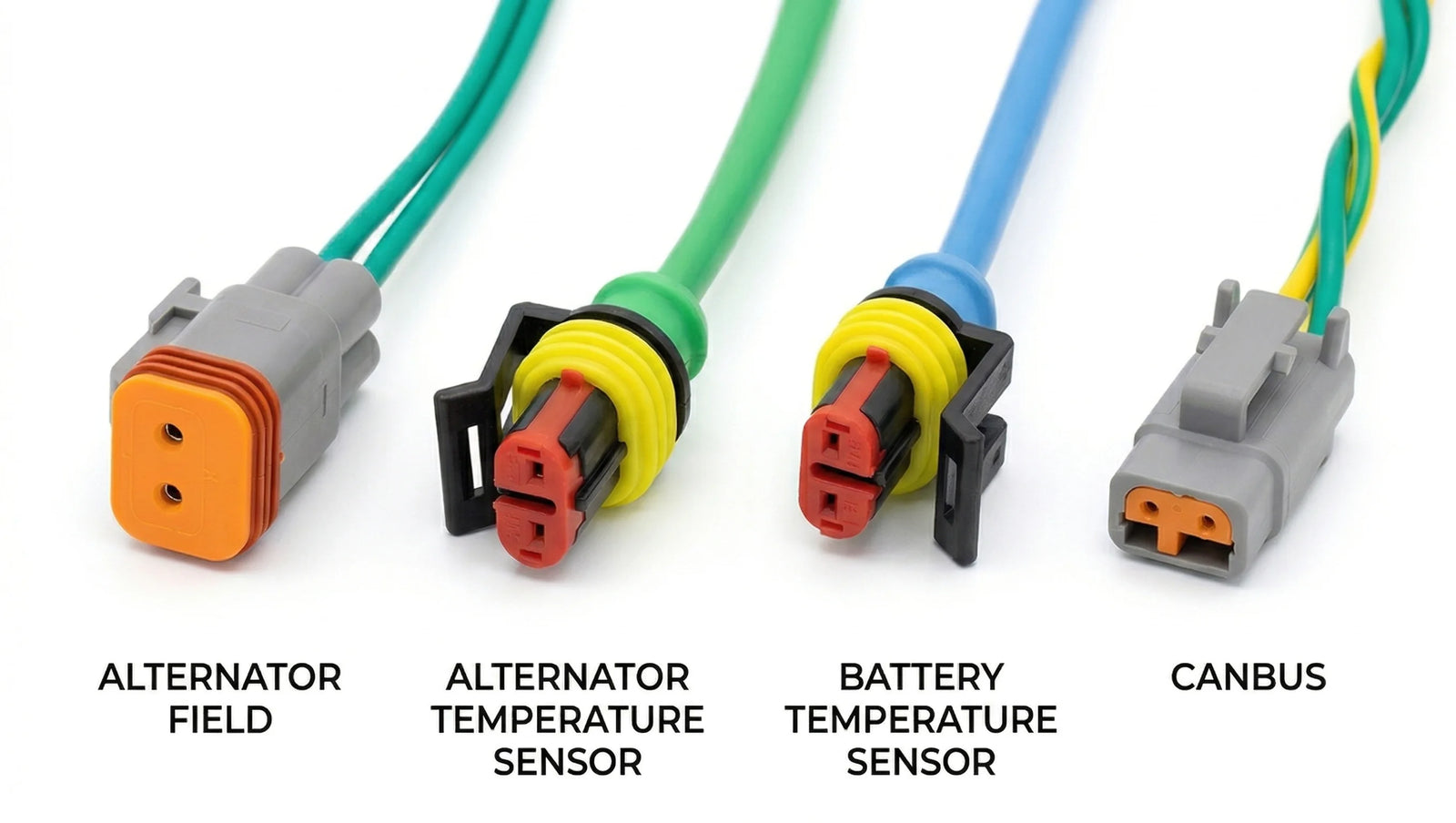 Close-up of four labelled harness connectors for alternator field, temperature sensors, and CANbus