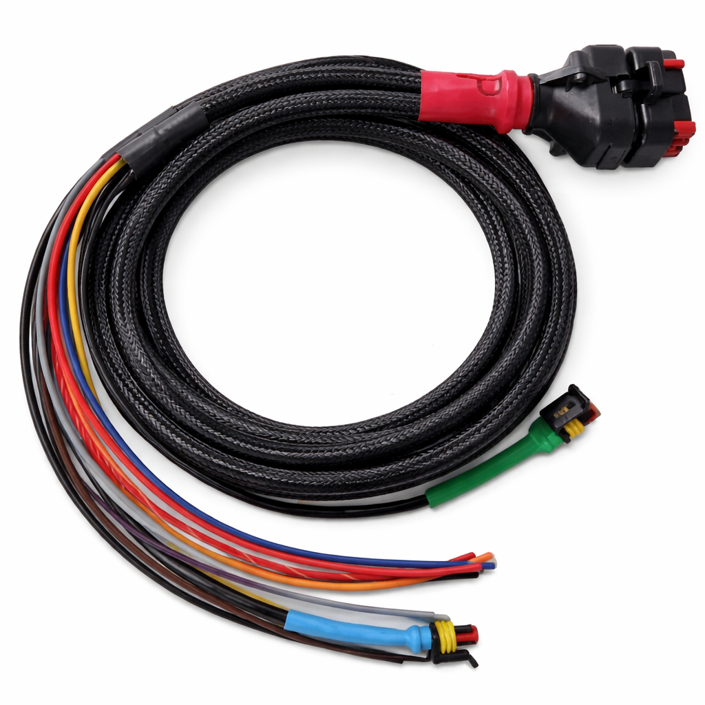 Coiled Wakespeed WS500 P-type wiring harness with multi-coloured leads and automotive connectors