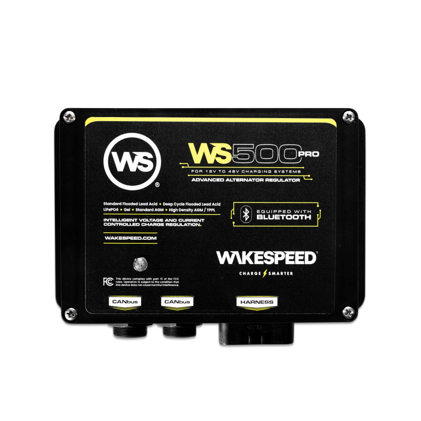 Front view of Wakespeed WS500 Pro alternator regulator showing CANbus and harness labels