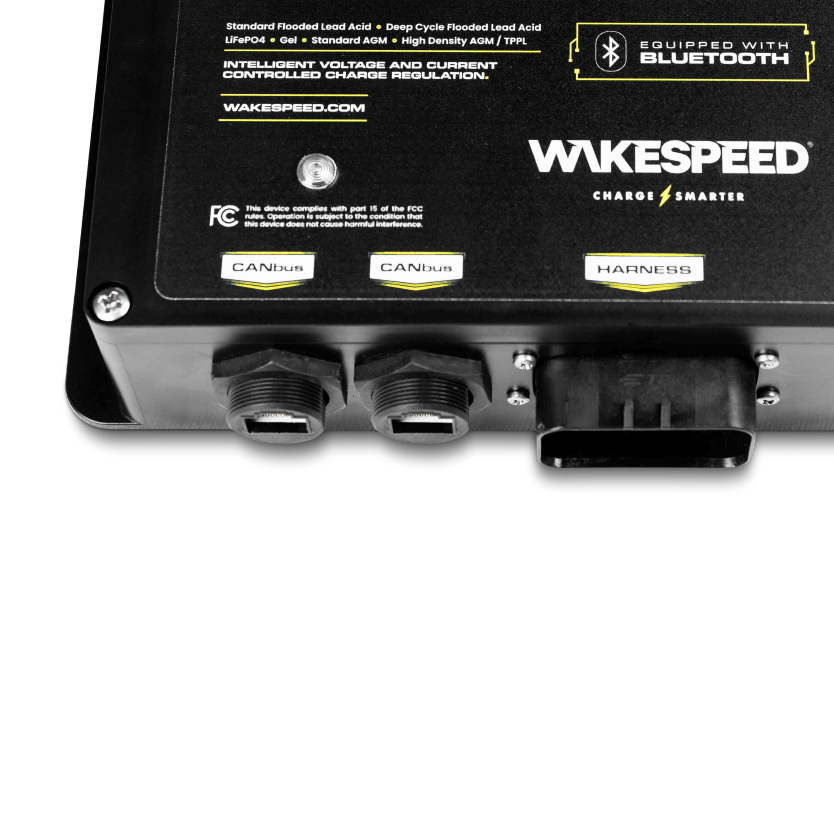Detail of the CANbus and Harness connection labels on the regulator's lower edge