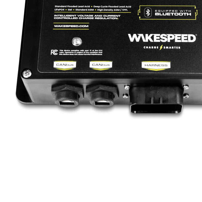 Detail of the CANbus and Harness connection labels on the regulator's lower edge