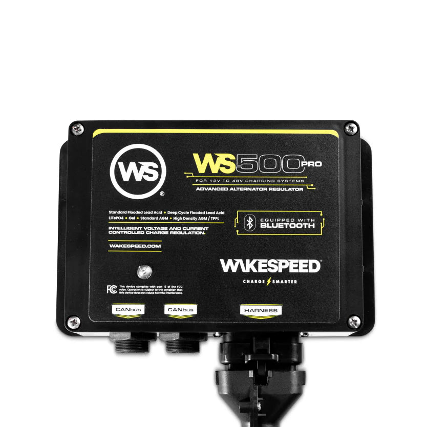 Wakespeed WS500 Pro alternator regulator with wiring harness attached on black background