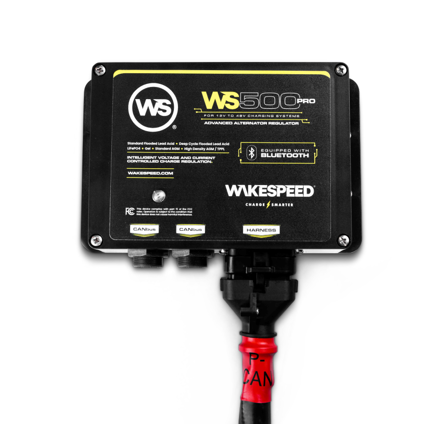 Wakespeed WS500 Pro alternator regulator showing connected wiring harness on white background