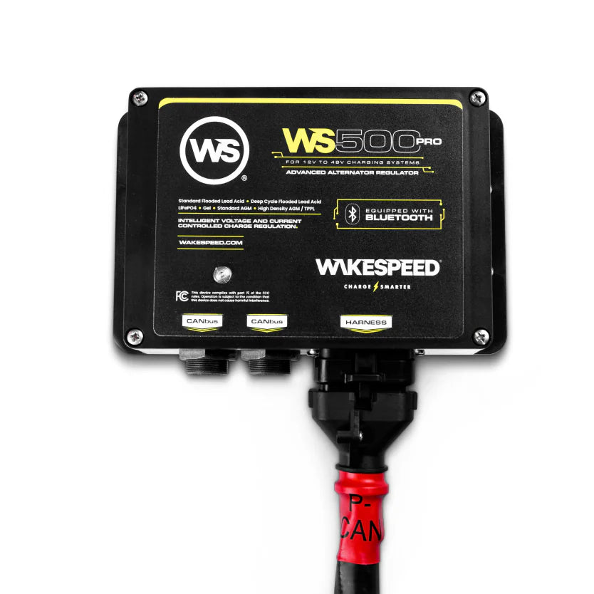 Wakespeed WS500 Pro alternator regulator showing connected wiring harness on white background