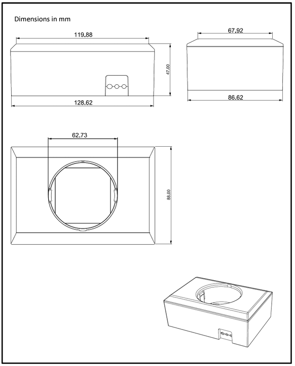 Technical drawing of the wall mount enclosure with external dimensions in millimetres