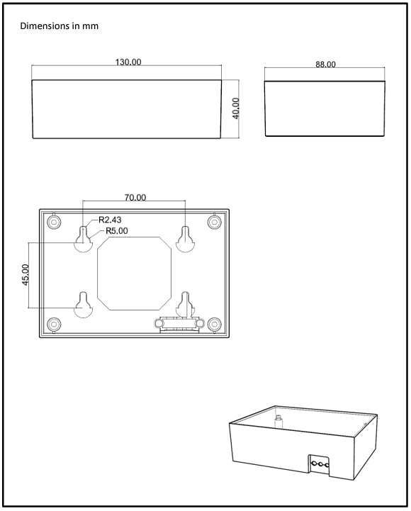 Rear technical drawing showing mounting hole spacing and cable exit point