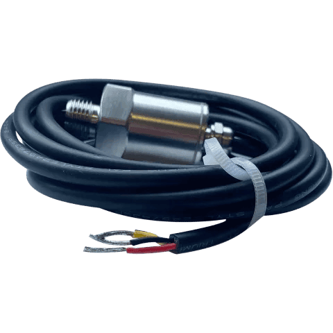 Coiled stainless steel pressure sensor with exposed red, black and yellow wire tails