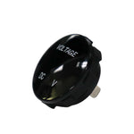 Angled front view of round black voltmeter gauge displaying VOLTAGE and DC V text
