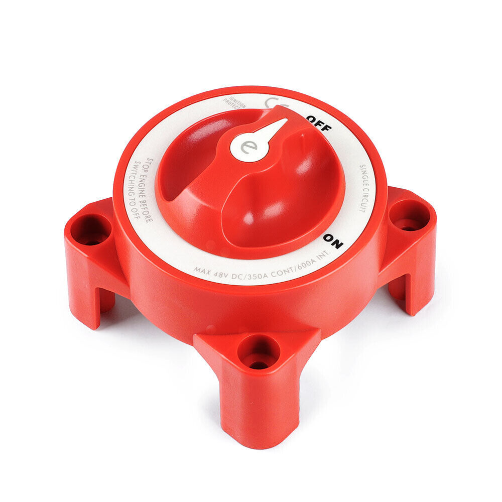 Angled view of red battery switch showing robust housing and mounting points