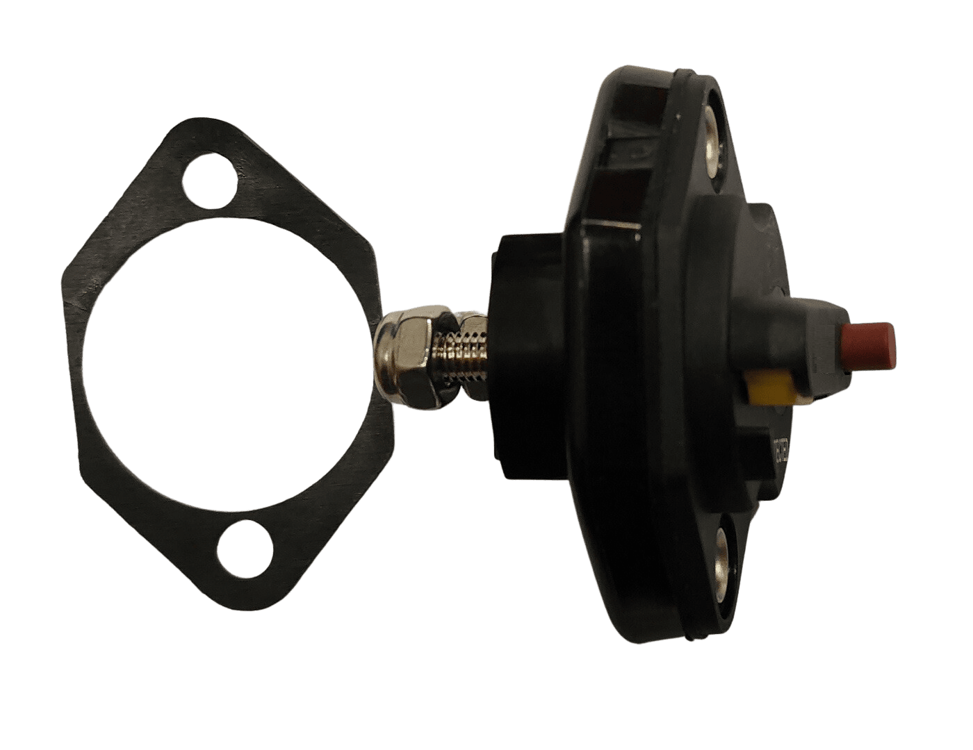 Side profile of circuit breaker with black rubber sealing gasket showing threaded stud length