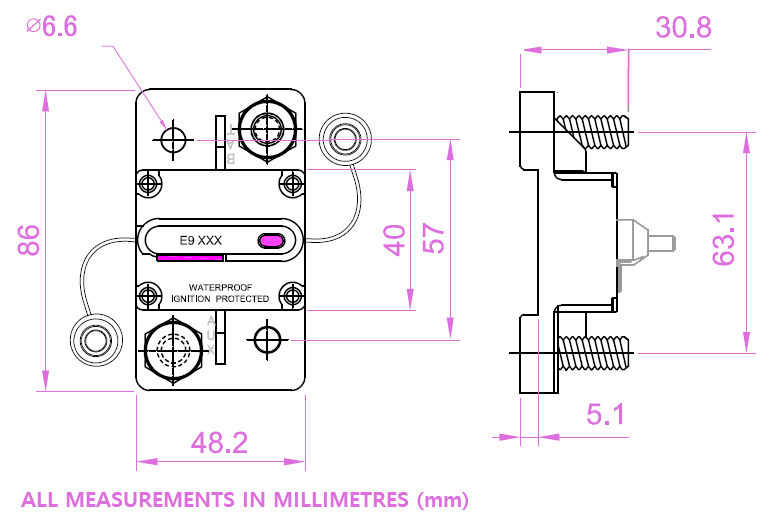 Technical dimensional drawing of Exotronic circuit breaker with 86mm height