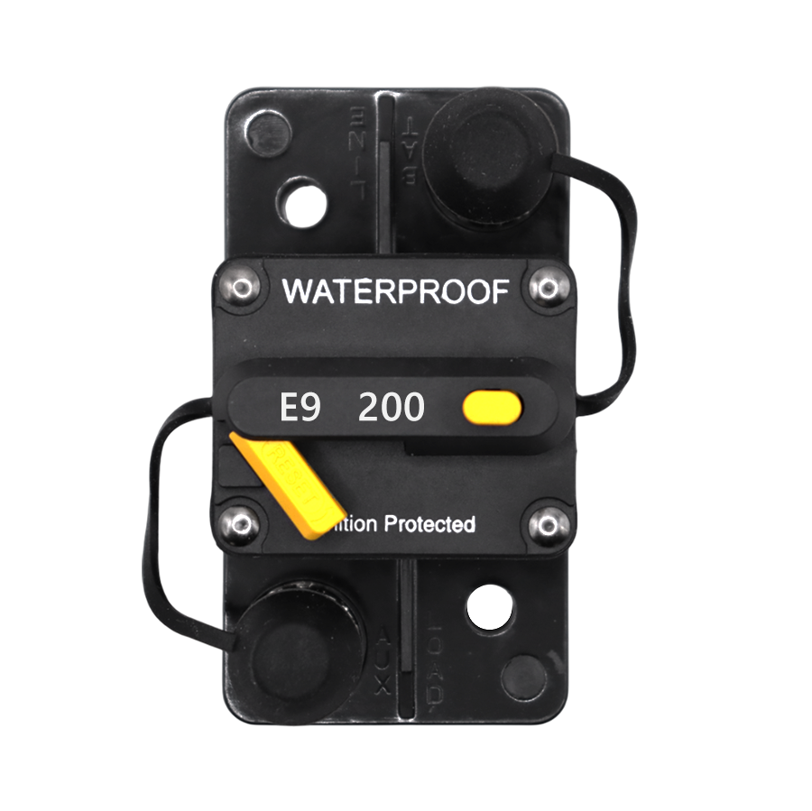 Top-down view of 200A waterproof circuit breaker showing reset lever and protective caps