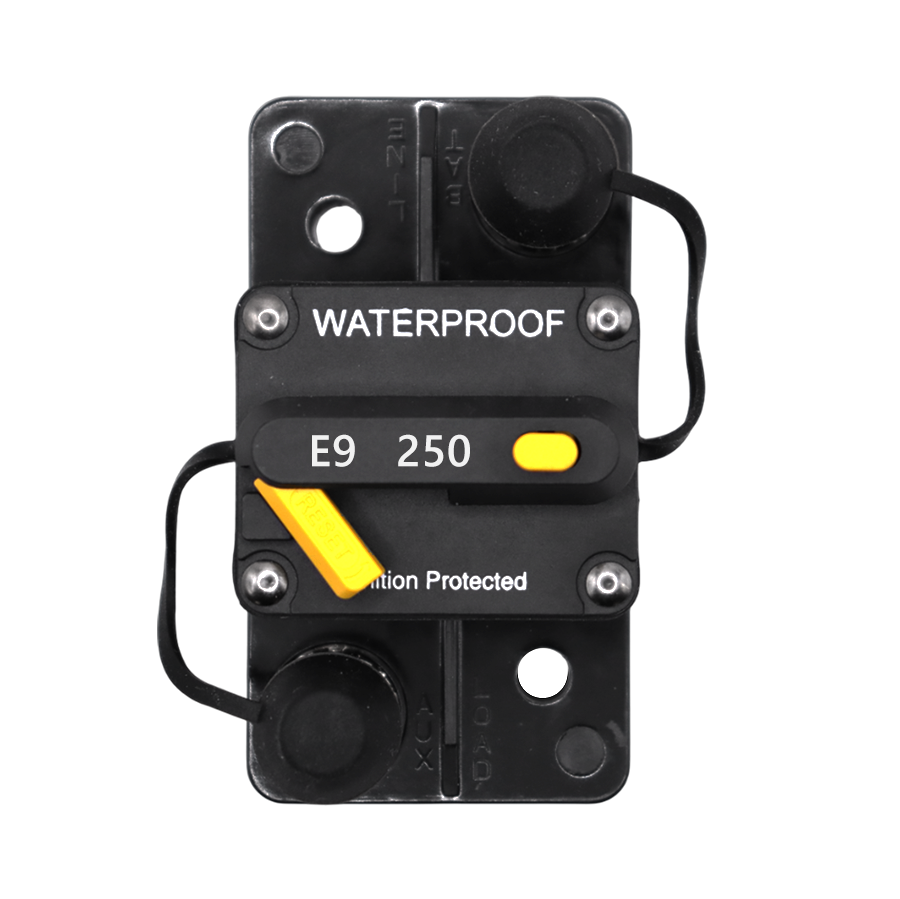 Top-down view of Exotronic 250A waterproof DC circuit breaker with manual reset
