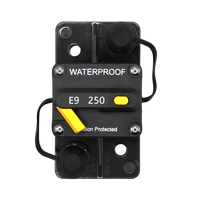 Top-down view of Exotronic 250A waterproof DC circuit breaker with manual reset