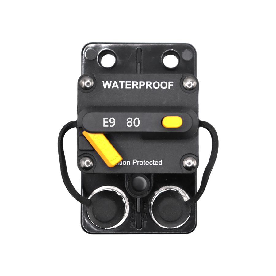 Top view of 80A waterproof circuit breaker showing reset lever, trip button and connection studs