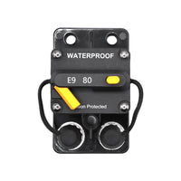 Top view of 80A waterproof circuit breaker showing reset lever, trip button and connection studs