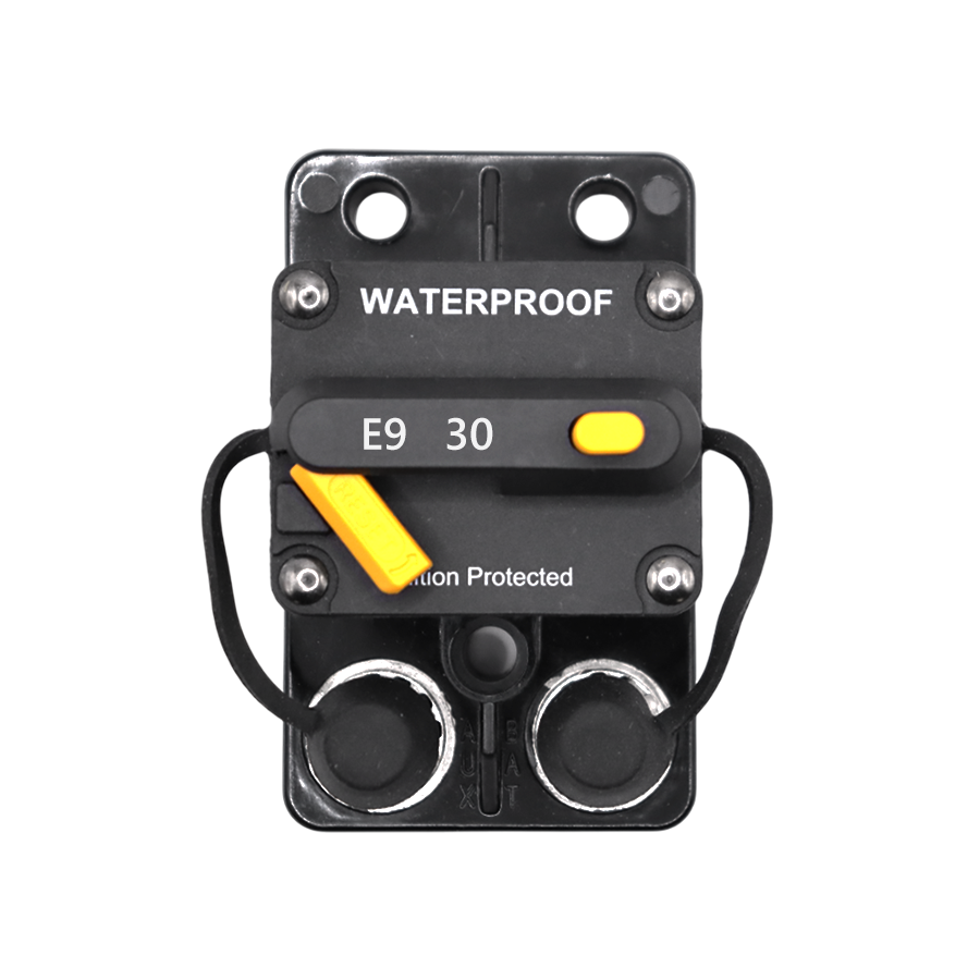 Front view of 30A waterproof DC circuit breaker with manual reset switch and protective caps
