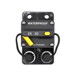Front view of 30A waterproof DC circuit breaker with manual reset switch and protective caps