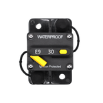 Top view of 30A waterproof circuit breaker with yellow reset lever and protective caps