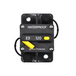 Top view of 120A waterproof DC circuit breaker with yellow reset lever and trip button