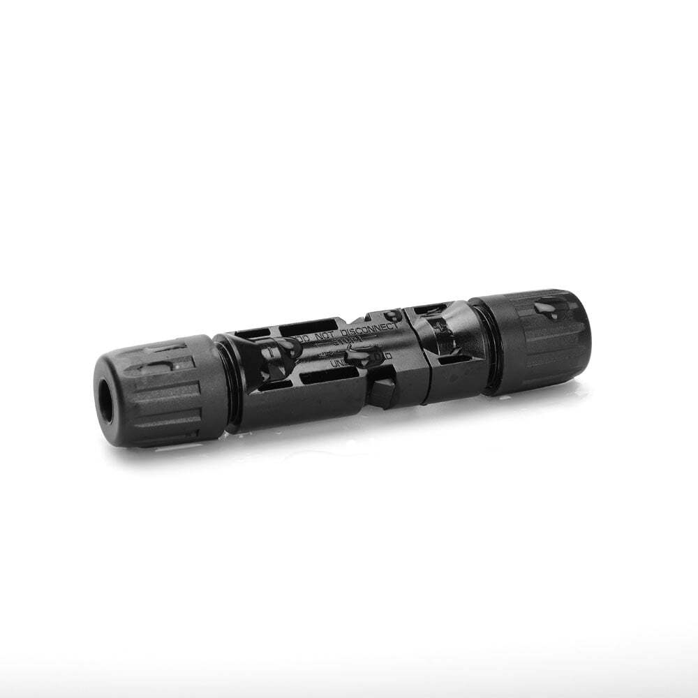 Angled view of fully assembled Exotronic solar connectors mated together