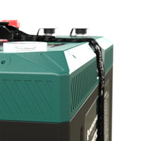 High-angle view of the battery corner showing the recessed carry handle and IP67 sealed design