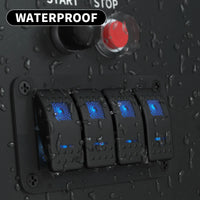 Water droplets on black rocker switch panel demonstrating waterproof design for marine use