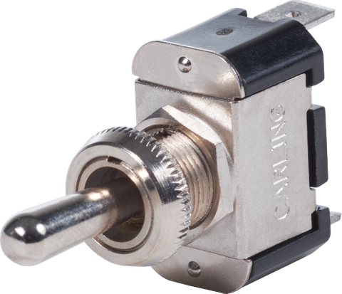 Nickel-plated brass toggle switch with momentary (ON)-OFF-(ON) operation and spade terminals