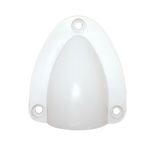 Top-down view of white clamshell cable entry cover featuring three mounting holes