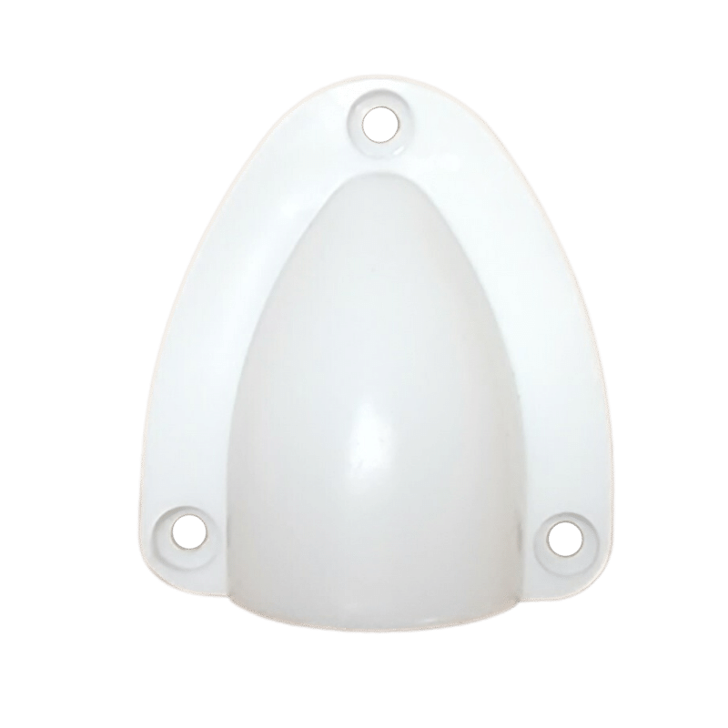 Top-down view of white clamshell cable entry cover featuring three mounting holes