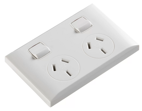White double gang Australian power outlet with curved C-Type faceplate and individual switches