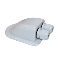 Angled view of white ABS dual cable entry gland showing aerodynamic housing and wide base flange for mounting